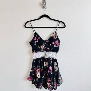 Black Floral & Crochet Lace Surplice Tank Ruffled Layered Dress Romper